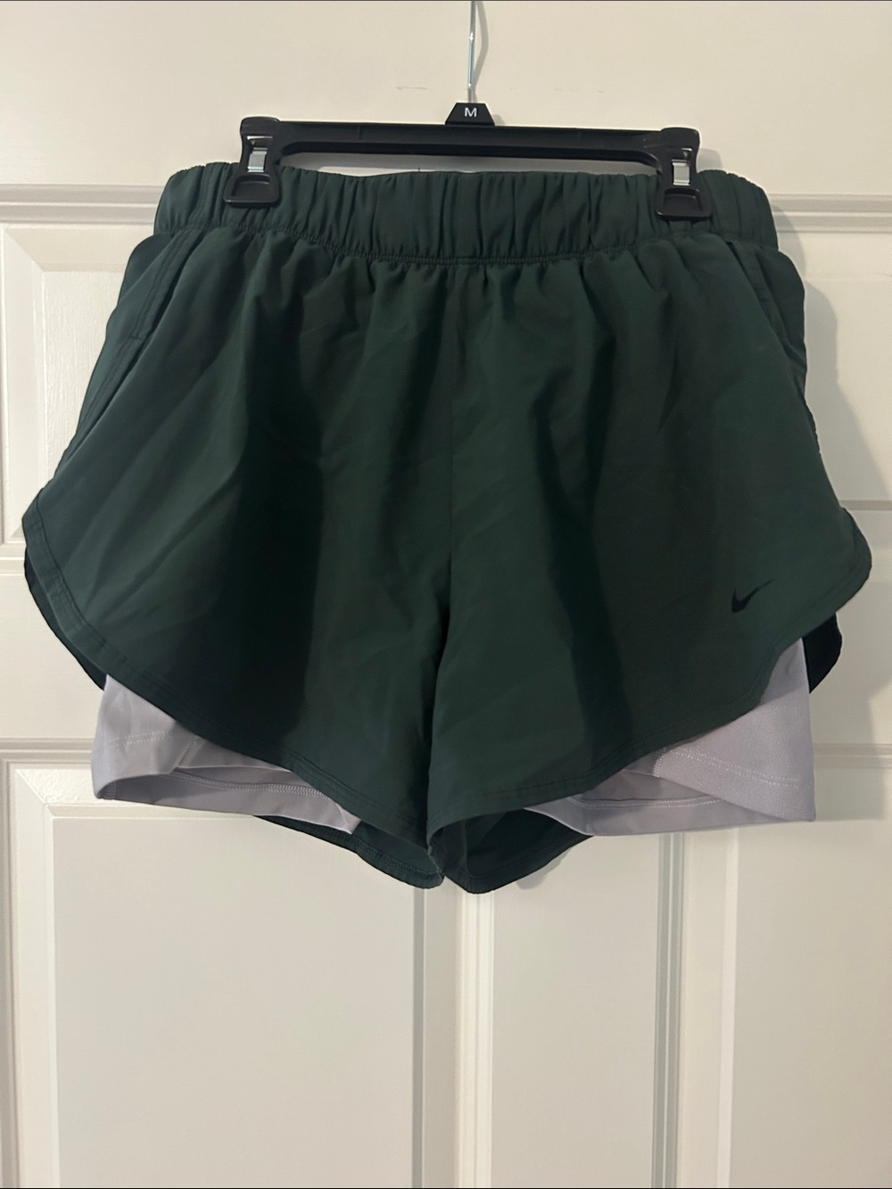 Nike Women’s Forest Green Layered Running Shorts with Light Gray Liner